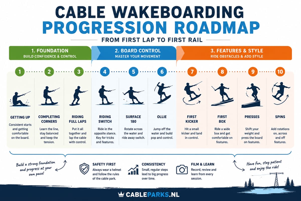 Cable wakeboarding progression roadmap from first start to rails and spins