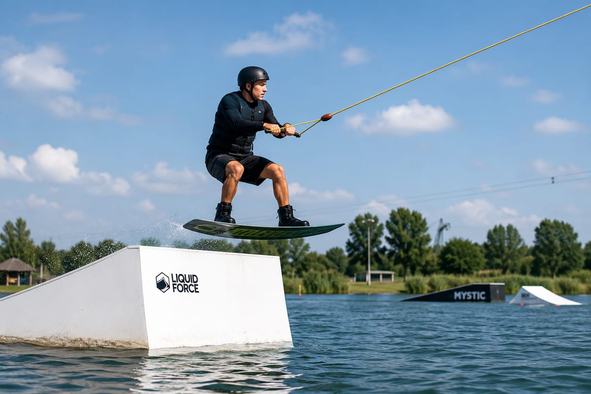 Wakeboarder performing a controlled straight air from a small cable park kicker