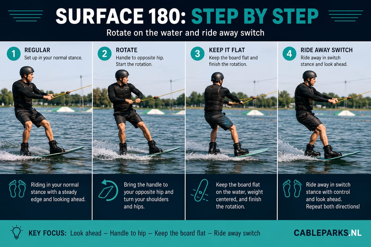 Sequence showing a cable wakeboarder completing a surface 180